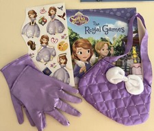Disney Sofia The First Royal Purse  Glove Set, Sofia Book  Stickers EUC