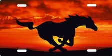 Mustang Horse Logo Silhouette Sunset Orange Background Metal License Plate Sign