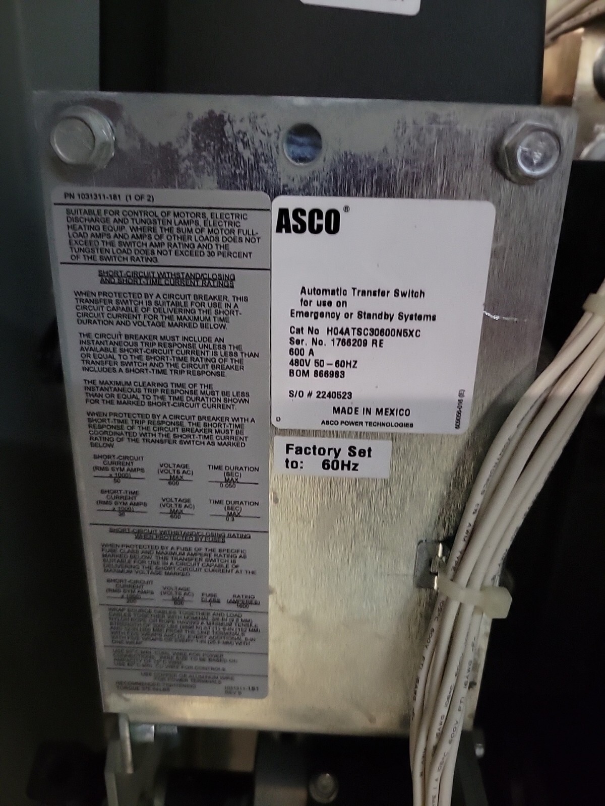 Asco 4000 SERIES Auto Transfer Switch 600A 480V H04ATSC3060CN5XC eBay