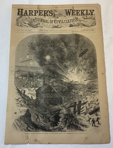 1864 magazine engraving~EXPLOSION AT CITY POINT Virginia
