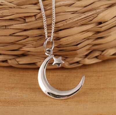 Solid 925 Sterling Silver Crescent Moon and Star Pendant Necklace