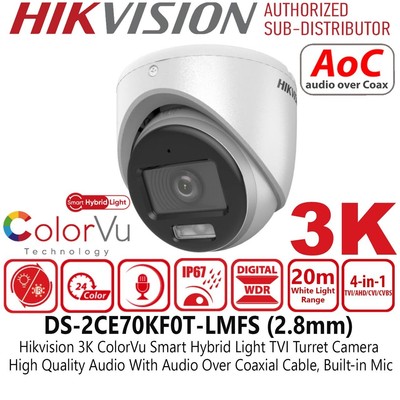 HIKVISION 3K 5MP COLORVU CCTV AUDIO CAMERA MIC UHD TURRET DS-2CE70KF0T-LMFS 2.8M