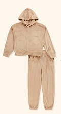 DKNY Girls' 2-Piece Velour Joggers Hoodie Set Outfit Sz 4T Girls Taupe Toddler