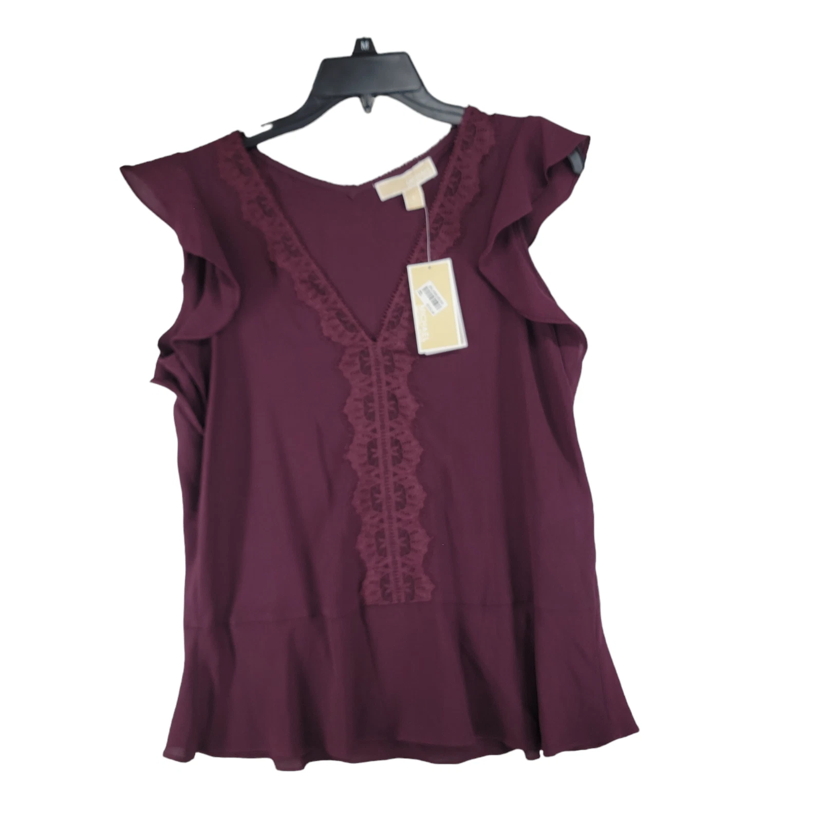 Top da donna Michael Kors Cordovan V collo pizzo finiture arricciate taglia small nuovo con etichette