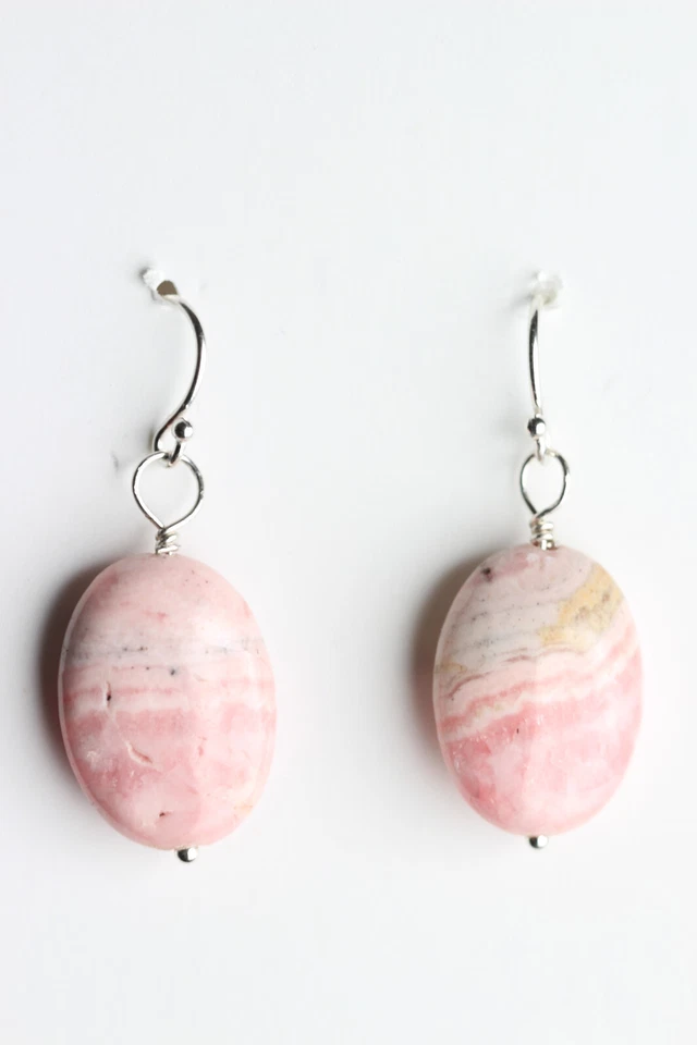 Rhodochrosite Pink 13 x 18mm Oval Gemstone 925 Sterling Silver Earrings 1 1/4" - Imagem 3 de 4