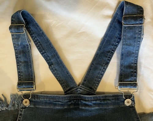 Denim Overalls Women's XL Blue Adjustable Short Length Fringe Ripped - Picture 6 of 6