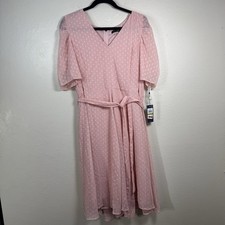 Tommy Hilfiger Womens Pink Swiss Dot Puff Sleeve Fit & Flare Chiffon Dress Sz 14