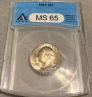 1962 Washington Quarter  ANACS MS 65   Gorgeous Crescent Rainbow Toned Gem Type