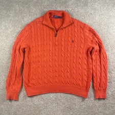 Polo Ralph Lauren Mens Orange Cable Knit 1/4 Zip Cotton Sweater Large