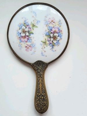 Vintage Porcelain Handheld Mirror Floral Ornate Brass Victorian