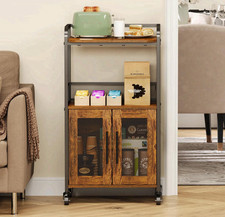 3-tier rolling coffee bar cabinet with storage, farmhouse style, 2 doors