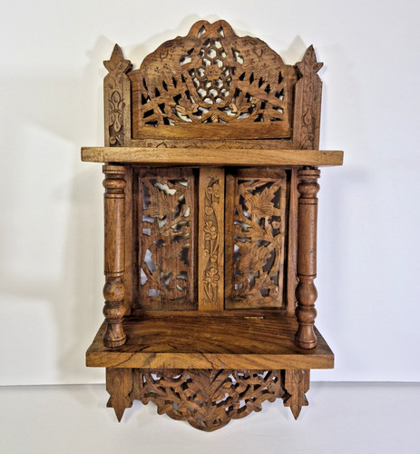 Vintage Hand Carved Wooden Wall Shelf – Indian Kashmiri Teak Wood -Boho Design