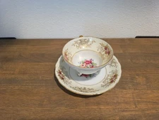 VTG Del Mar Japan Footed Teacup and Saucer Hand Painted Raised 24k Gold Luster