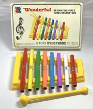 Vintage 8 Tons Kids Xylophone by Wonderful w/ Alloy Pipes & 1 Mallet RARE 8.5"