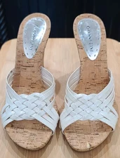 Gianni Bini Size 7 White Pearl Leather, Cork & Sliver Accent 4" Heel Sandles-NEW