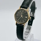SEIKO Octagon Ladies Quartz Watch 3422-5050 Gold Black Dial Battery Replaced