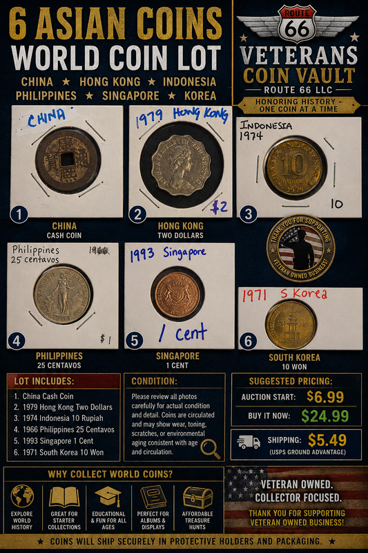 6 World Coins China Hong Kong Korea Indonesia Philippines Singapore Lot
