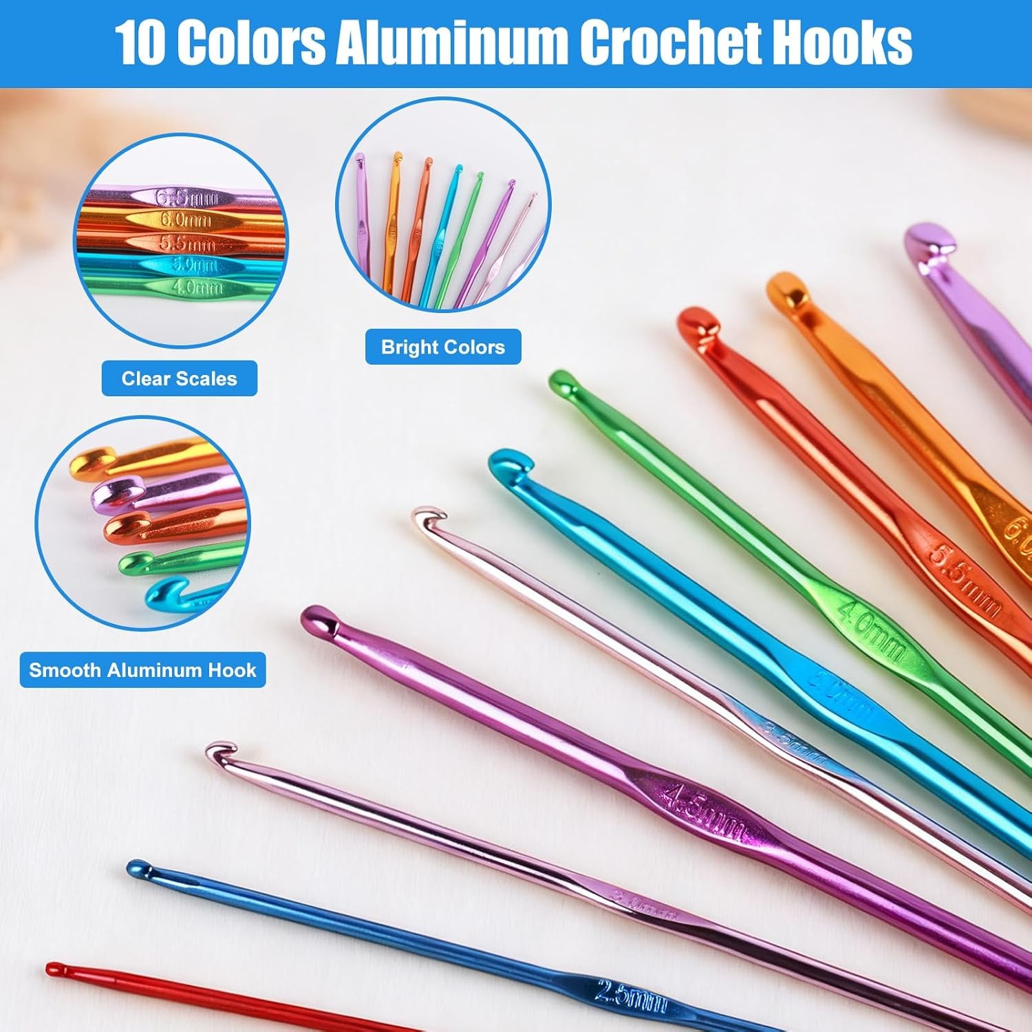 Crochet Hooks Set, 54 Pack Needles Set 0.6Mm To 6.5Mm, Mixed Color 