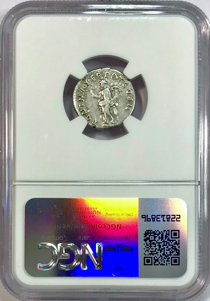 Moeda denário de prata romana antiga Trajano 98-117 dC Roma em perfeito estado 98-99 dC NGC MUITO BOM ESTADO - Imagem 4 de 4