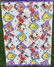 VTG 90's Looney Tunes Throw Blanket Satin Trim USA Made 60x43 Bugs Tweety USA