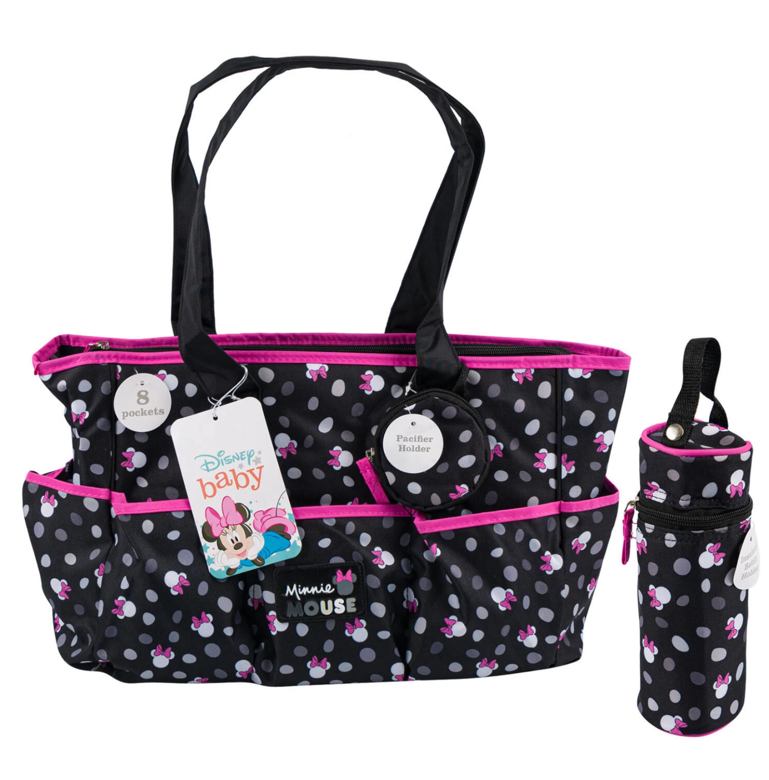 Disney Minnie Mouse 4p Diaper Bag set Changing Pad Pacifier Holder Bottle Holder