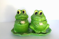 Retro Bright Green Frog Jam/Jelly Set with Lids and Lily Pad Tray. Circa: 1970's