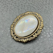 Jeri-Lou Scarf Clip Holder Oval Iridescent Cabochon Gold Tone Filigree Frame