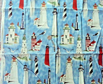 44''wide x 1 yd Alexander Henry fabric keeper of the coast lighthouses on blue