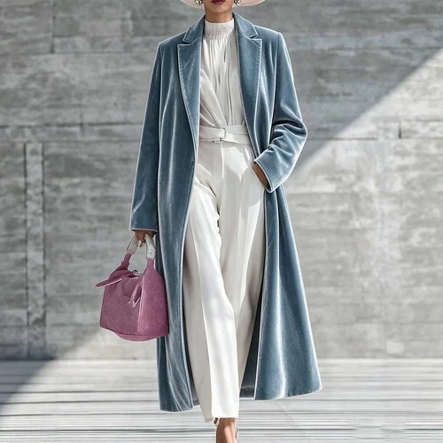 Ladies Velvet Long Coat Lapel Collar Over Knee Elegant Winter Outer Jacket