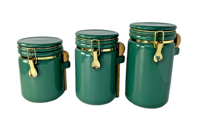 JCPenney À La Carte VTG Green Ceramic Canister Set 3 Gold Latch Farmhouse Retro