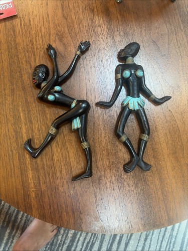 Pair MCM Vtg BURWOOD PRODUCTS African Tribal Dancers WALL ART DECOR 12" Aqua