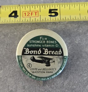 Vintage 1930 Aviation Bond Bread Advertising Pinback First Flight Paris New York