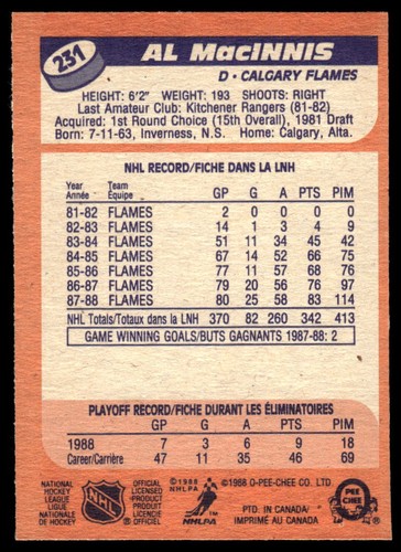1988-89 O-Pee-Chee #231 Al MacInnis Calgary Flames Salón de la fama - Imagen 2 de 2