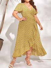 Women Floral Print Ruffle Hem Deep Short Sleeve V-Neck Long Dress Plus Size