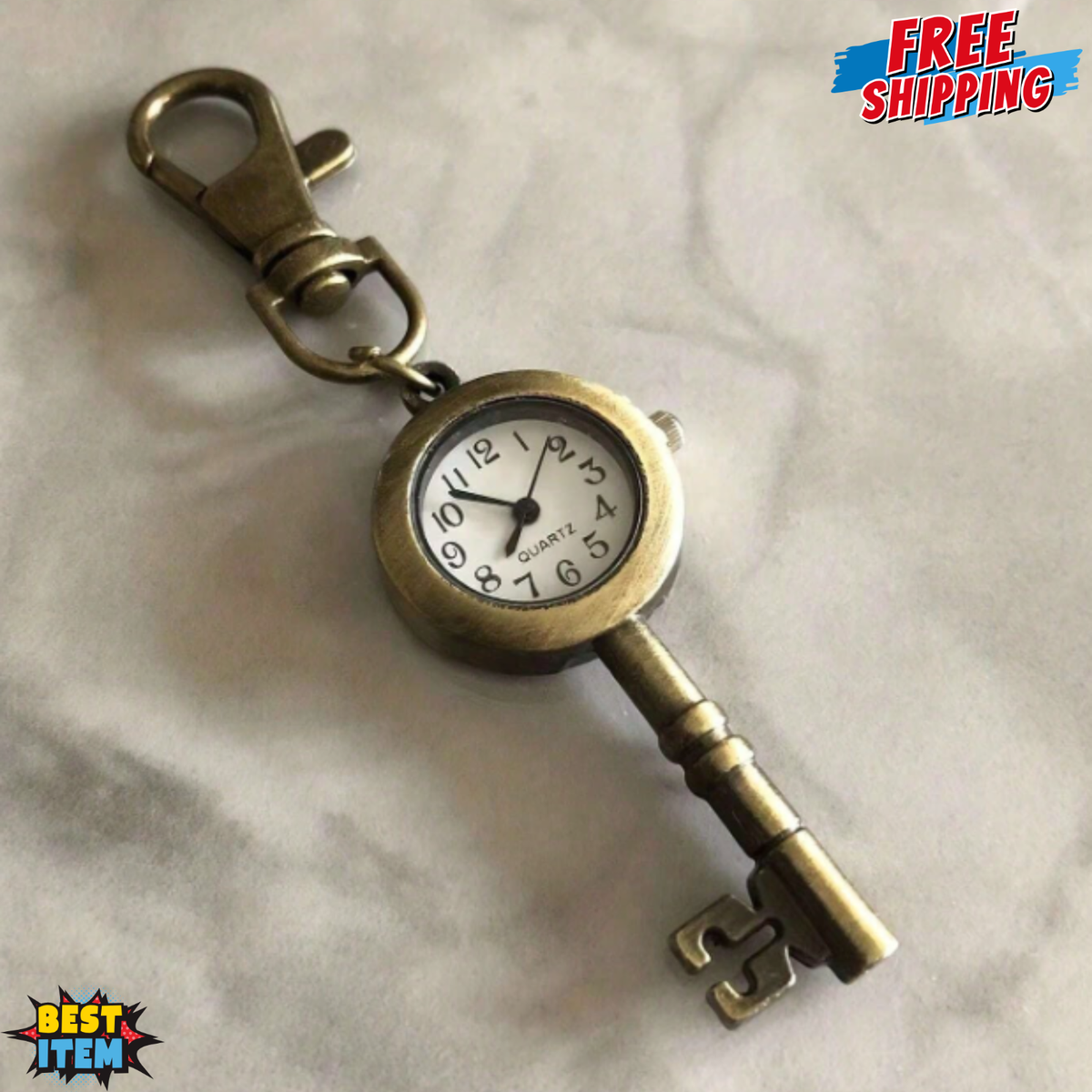 Vintage Pocket Watch Key Shape Keychain Retro Bronze Novelty Watch