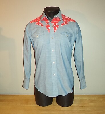 Vintage H BAR C Country Western Pearl Snaps Button Up Collared Womens Blue Shirt