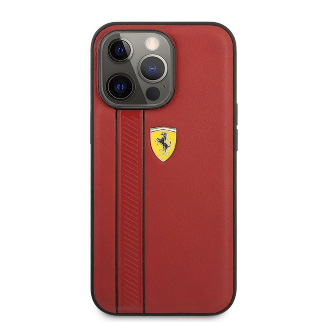 Ferrari iPhone 13 Pro Max Hülle Case Cover Genuine Leather Debossed Stripes Red