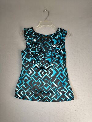 The Limited Womens Top Small Blue Black Sleeveless V Neck Ruffle Side Zip Blouse