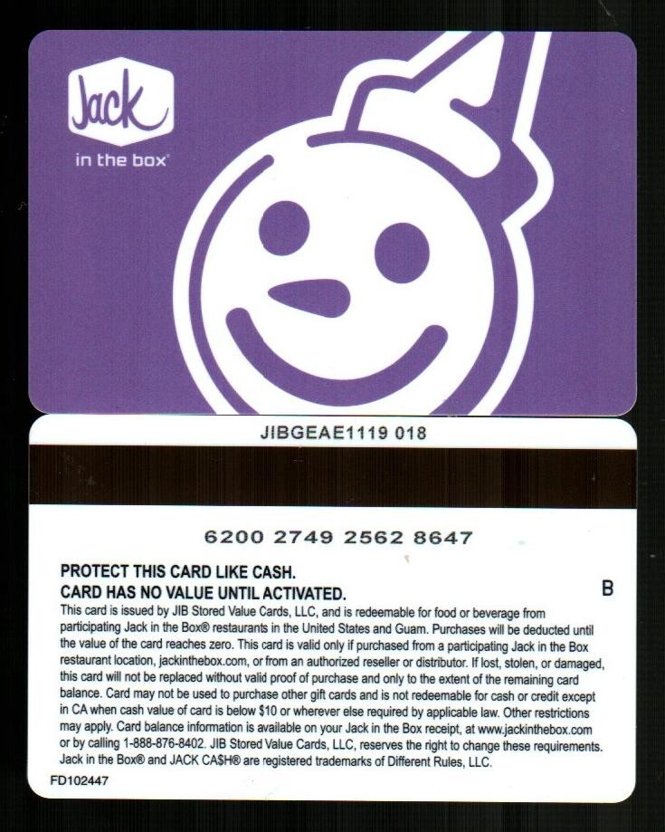 JACK IN THE BOX Classic Jack Logo ( Purple ) 2020 Gift Card ( $0