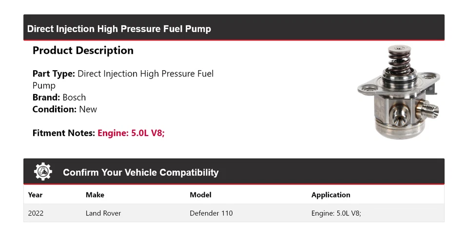 For 2022 Land Rover Defender 110 5.0L Bosch Direct Injection HP Fuel Pump Foto 2 de 4