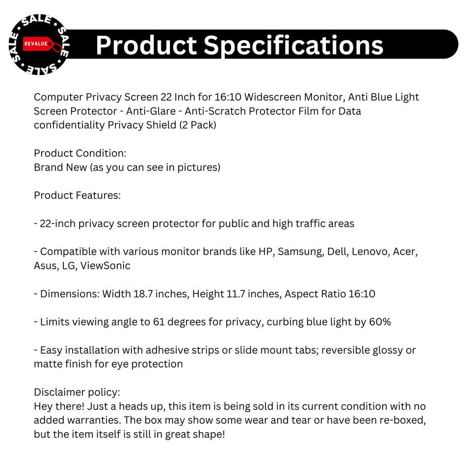 Computer Privacy Screen 22 Inch 16:10 Widescreen Monitor Anti-Glare Anti-Scratch - Image 2 of 4