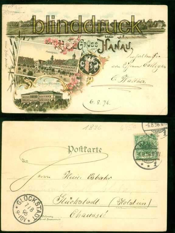 Hanau Litho-AK Gruss aus ..... drei Ansichten 1896 nach Glückstadt (d9097) - Bild 1 von 1