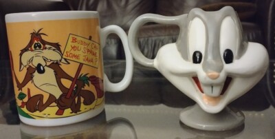 1996 Wile E Coyote, Bugs Bunny Ceramic  Mugs, Will Work Buddy Can You Spare Java