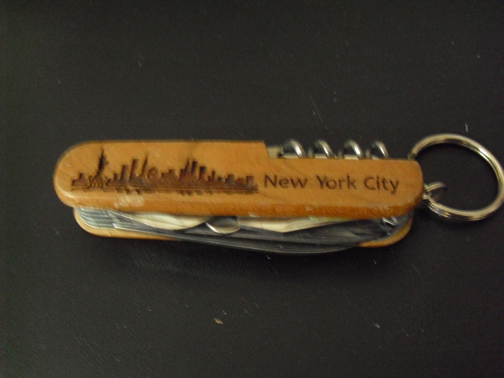 Multi Tool 3 1/2" Pocket Knife Engraved New York City and Rick Wood Handle