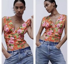 NEW ZARA floral one piece bodysuit ruched size Small red orange deep v neck A9