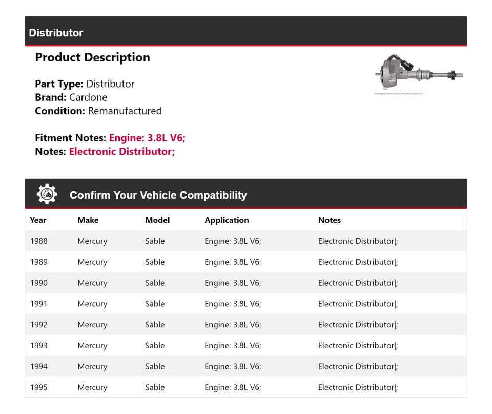 Для 1988-1995 Mercury Sable 3.8L V6 дистрибьютор Cardone 1989 1990 1991 1992 1993 - Изображение 2 из 4
