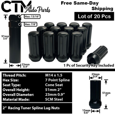 20x 2'' Black 14x1.5 Spline Tuner Performance Lug Nut Fit Dodge Chrysler Jeep Ram