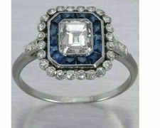 Lab-Created Emerald Cut Blue Stone Art Deco Engagement Ring 935 Silver CZ