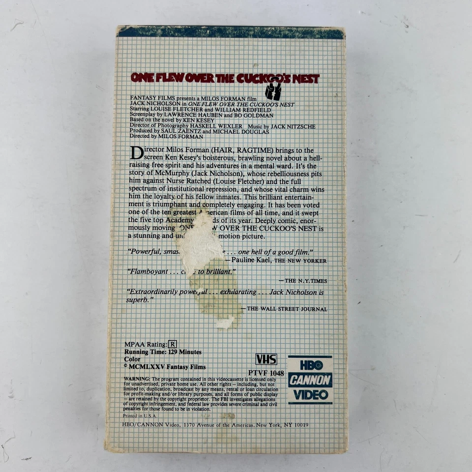 One Flew Over The Cuckoo's Nest VHS Video HBO Cannon Edition - Image 2 of 2