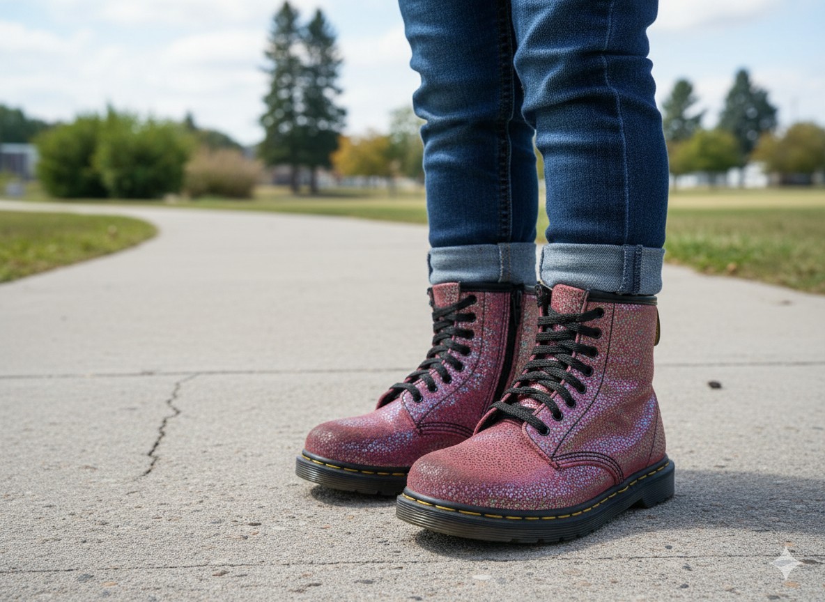 Dr Martens 1460 Pascal Boots Girls Size 9 Glitter Rose Brown Side Zip Lace Up